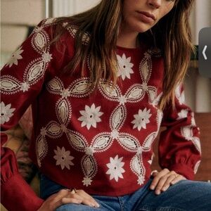 Sezane Flamine Blouse Ecru Embroidery On Garnet Background - Size 2